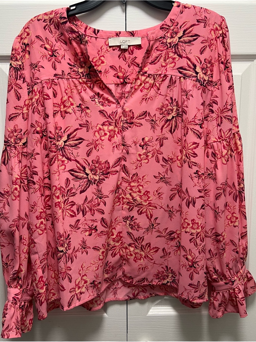 LOFT Pink Floral Split-Neck Long Sleeve Blouse